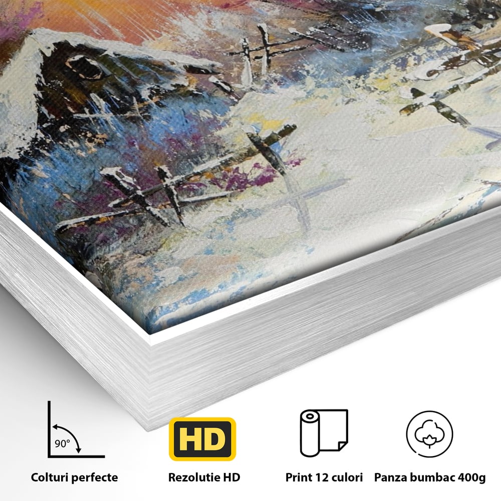 Detaliu al suprafetei: tablou canvas cu peisaj de iarna, in rama de aluminiu argintiu